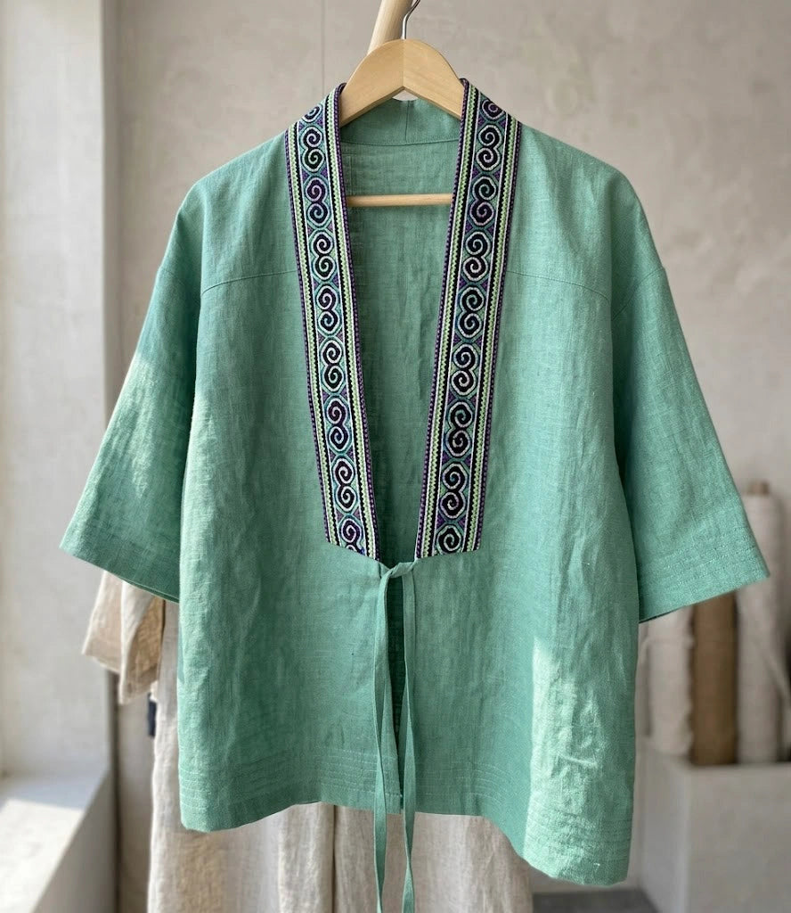 Áo khoác Nhật Bình linen xanh phối thổ cẩm thời trang Hity