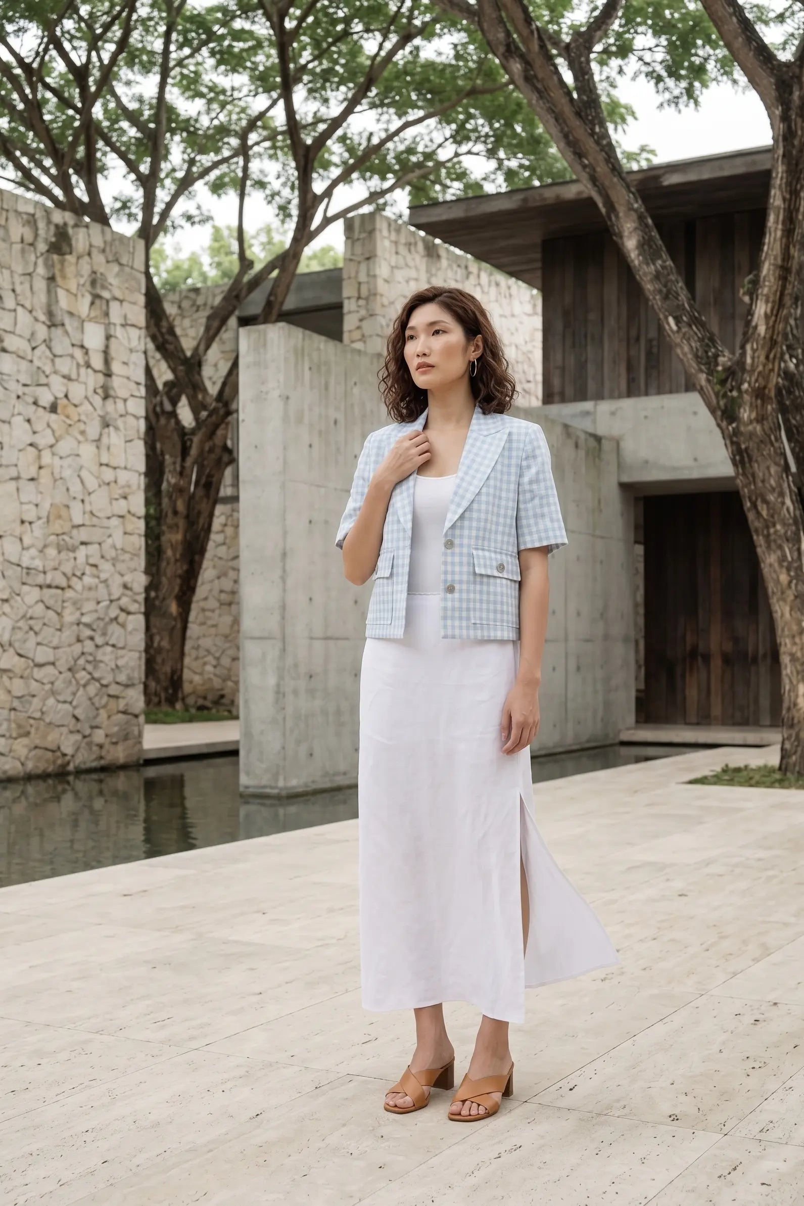 Áo khoác blazer ngắn croptop linen caro thời trang Hity