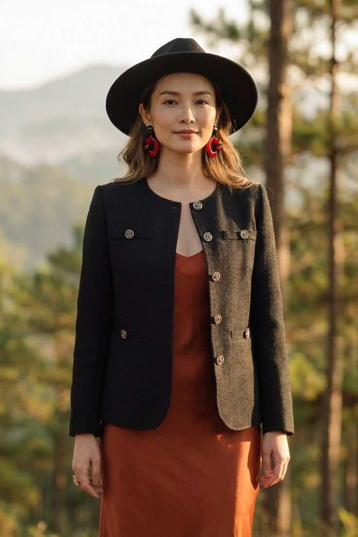 Áo khoác jacket tweed đen thời trang Hity