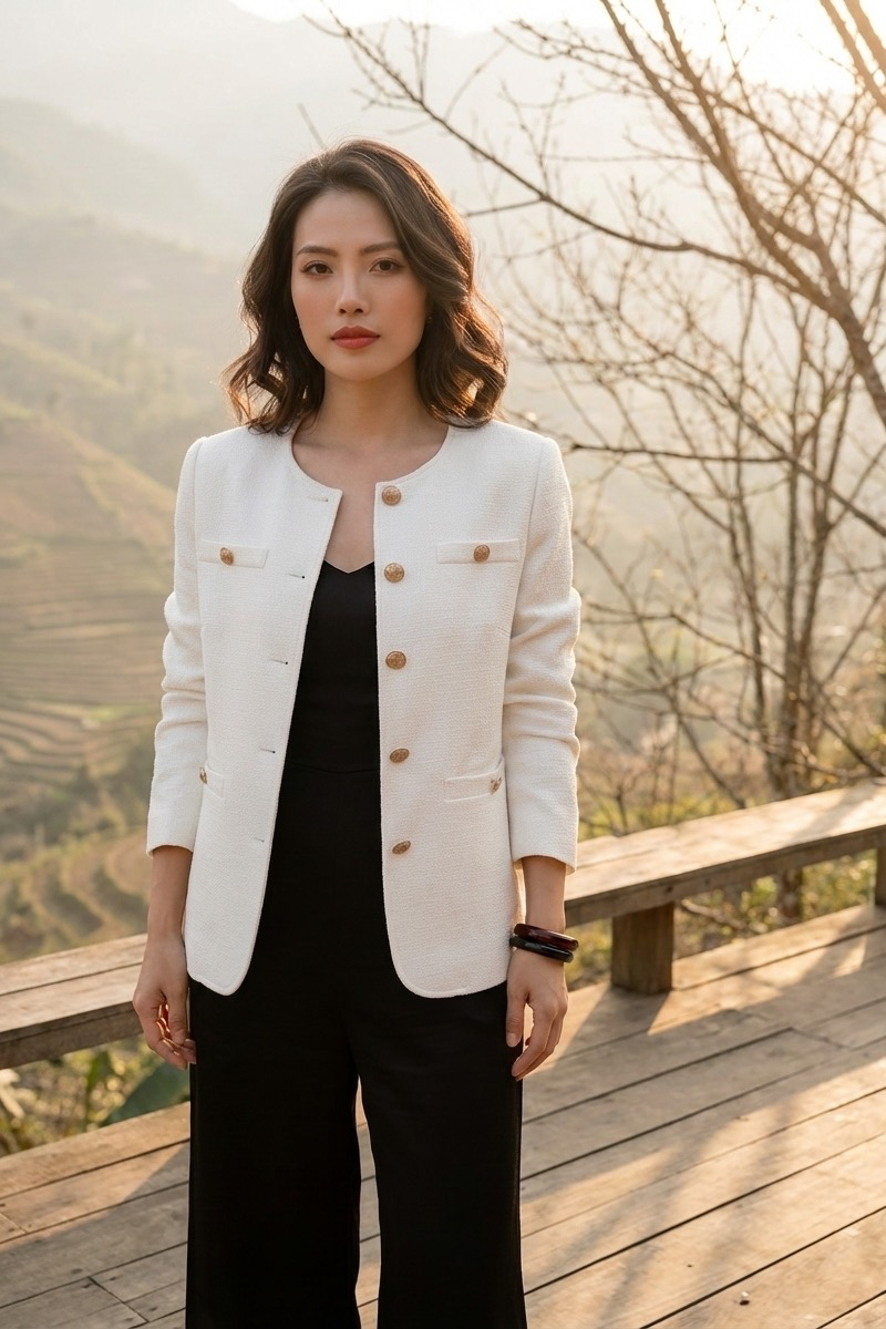 Áo khoác blazer jacket tweed trắng thời trang Hity