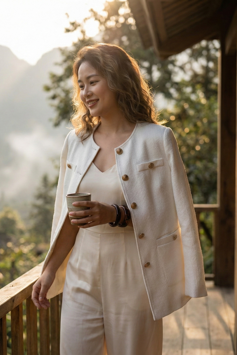 Áo khoác blazer jacket tweed trắng thời trang Hity