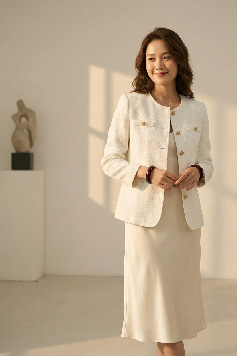 Áo khoác blazer jacket tweed trắng thời trang Hity