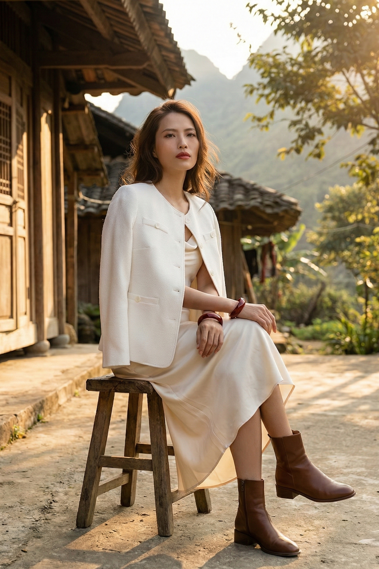 Áo khoác blazer jacket tweed trắng thời trang Hity