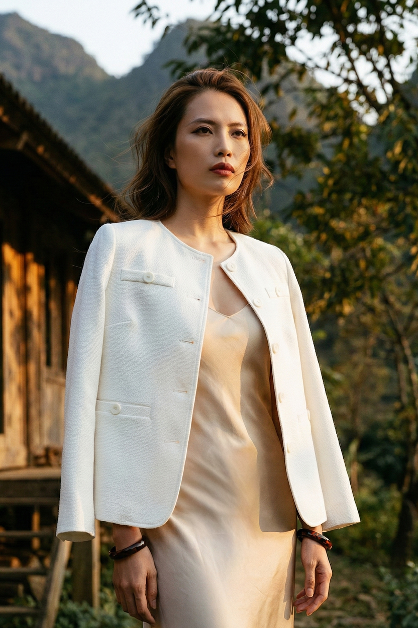 Áo khoác blazer jacket tweed trắng thời trang Hity