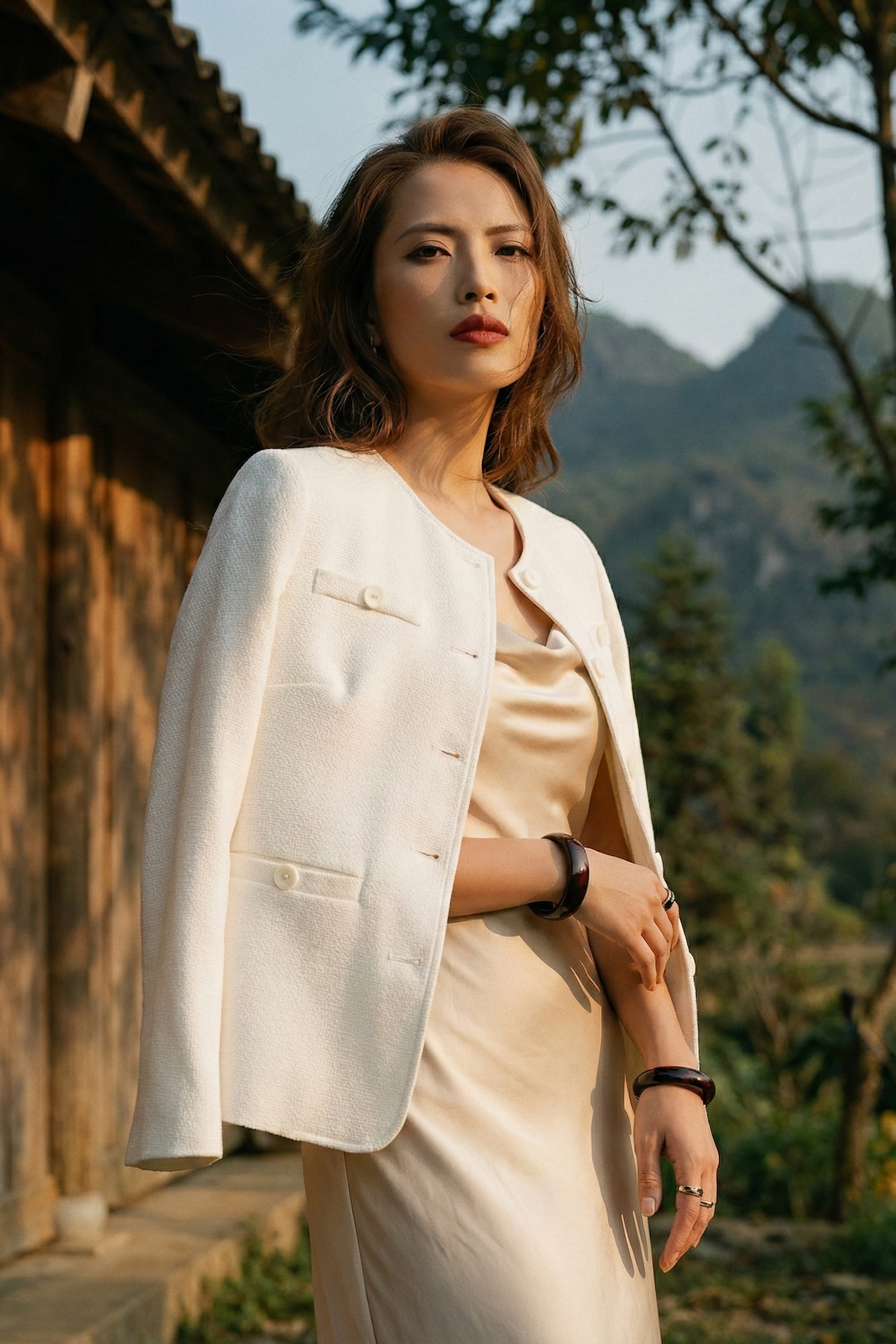 Áo khoác blazer jacket tweed trắng thời trang Hity