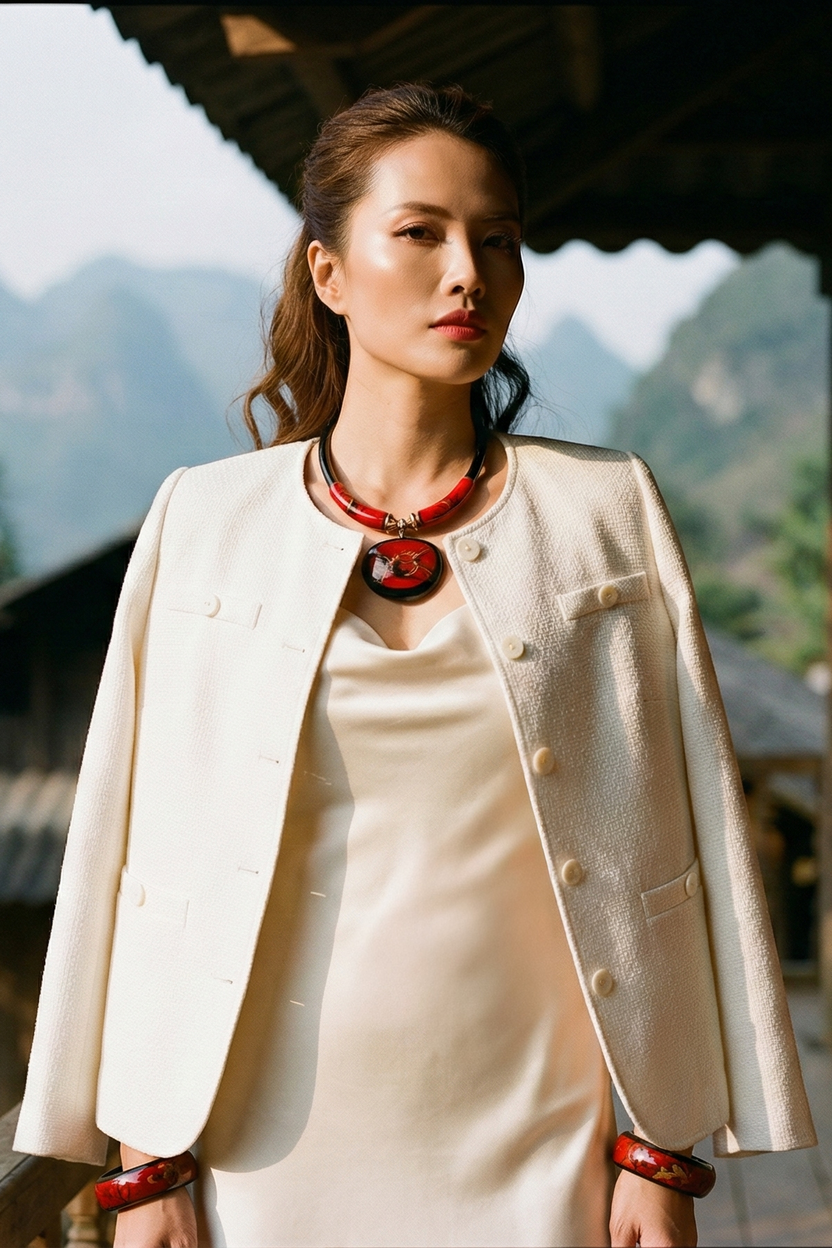 Áo khoác blazer jacket tweed trắng thời trang Hity