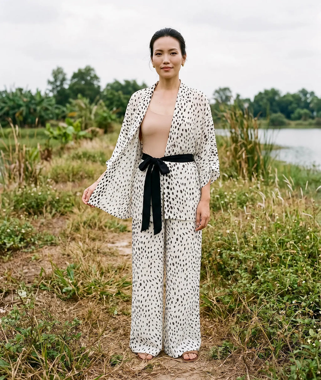 Bộ áo khoác kimono phối quần chấm bi thời trang Hity
