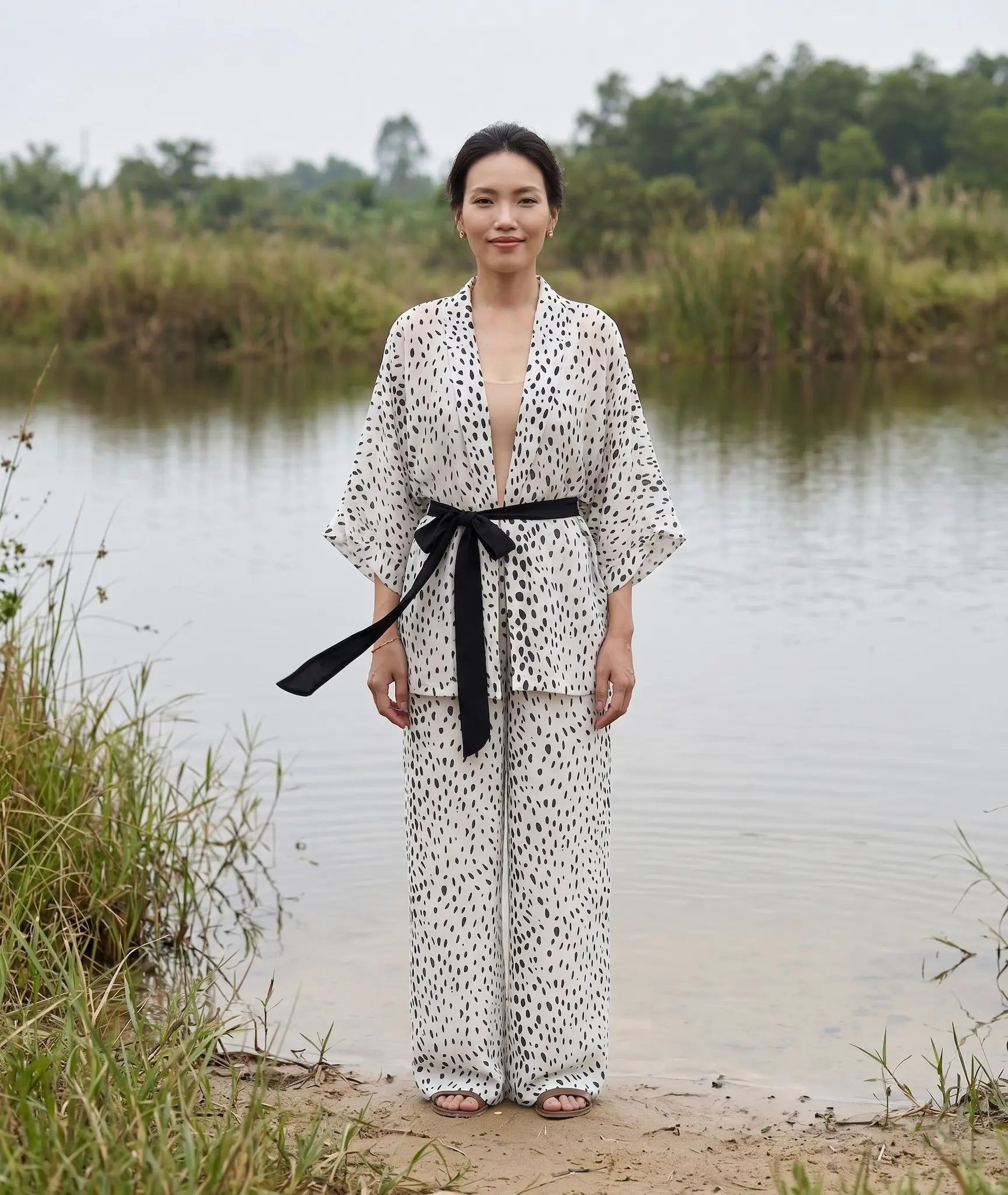 Bộ áo khoác kimono phối quần chấm bi thời trang Hity