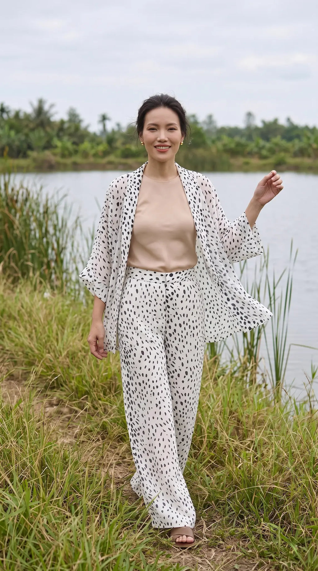 Bộ áo khoác kimono phối quần chấm bi thời trang Hity