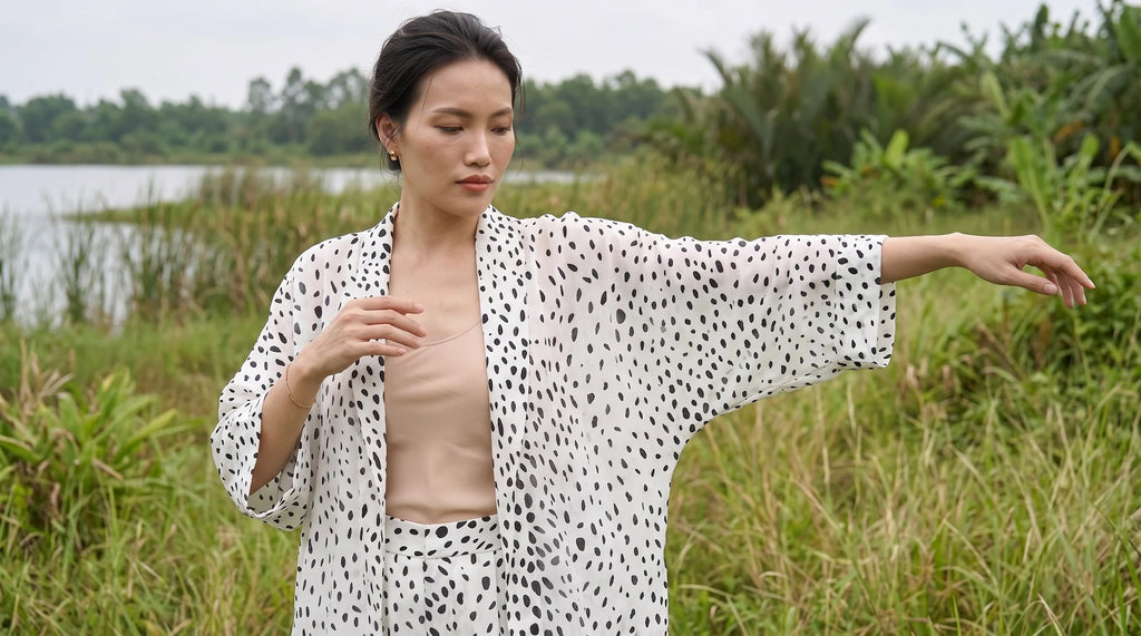 Bộ áo khoác kimono phối quần chấm bi thời trang Hity