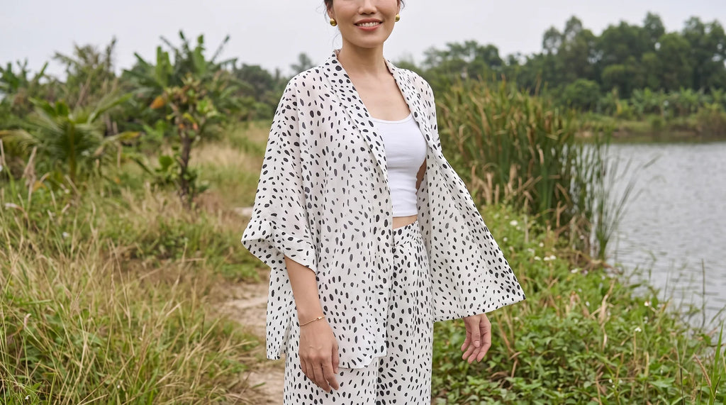 Bộ áo khoác kimono phối quần chấm bi thời trang Hity