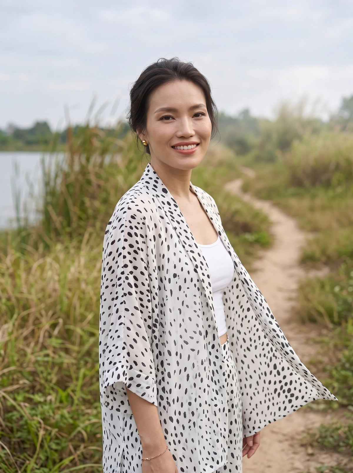 Bộ áo khoác kimono phối quần chấm bi thời trang Hity