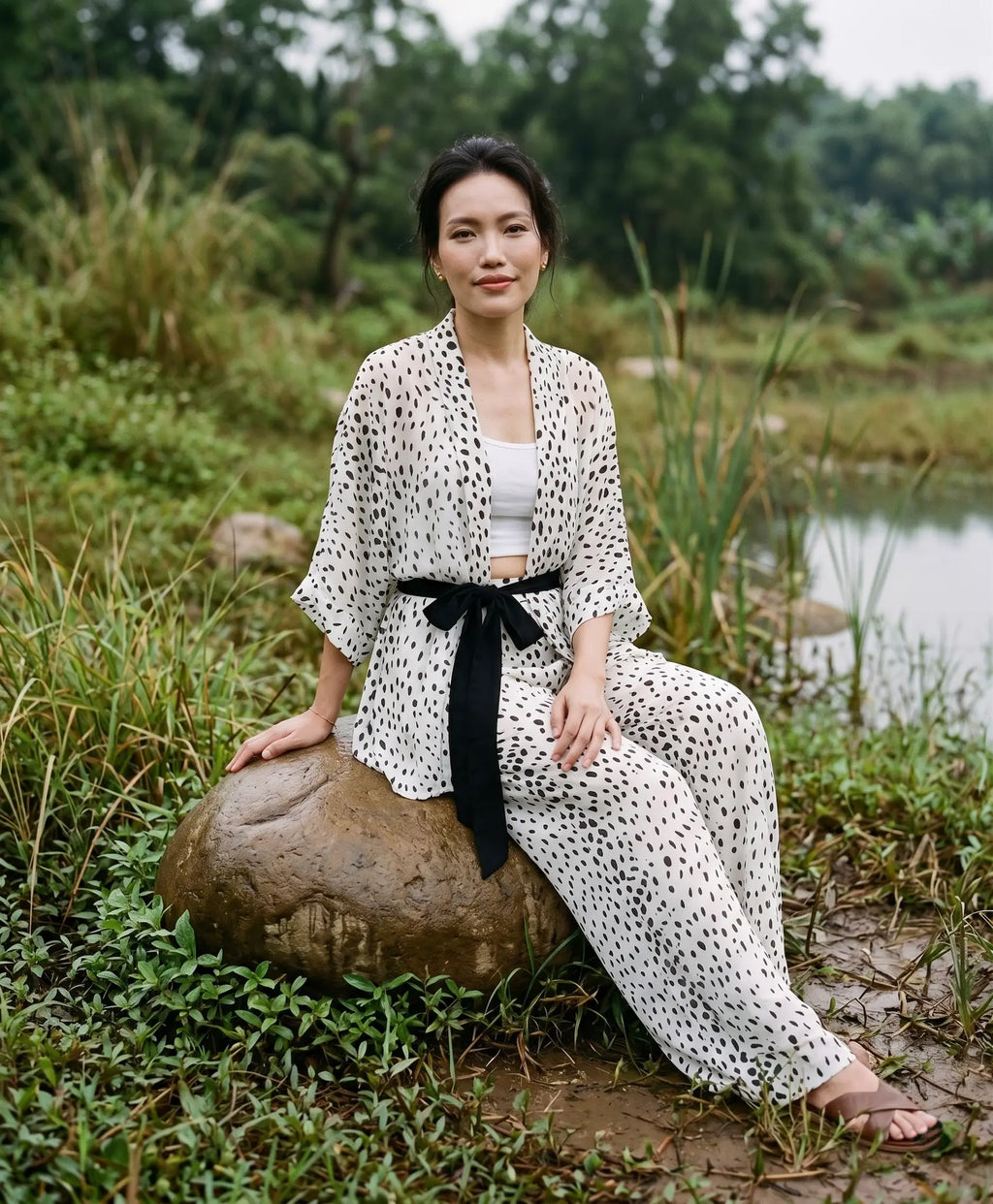 Bộ áo khoác kimono phối quần chấm bi thời trang Hity