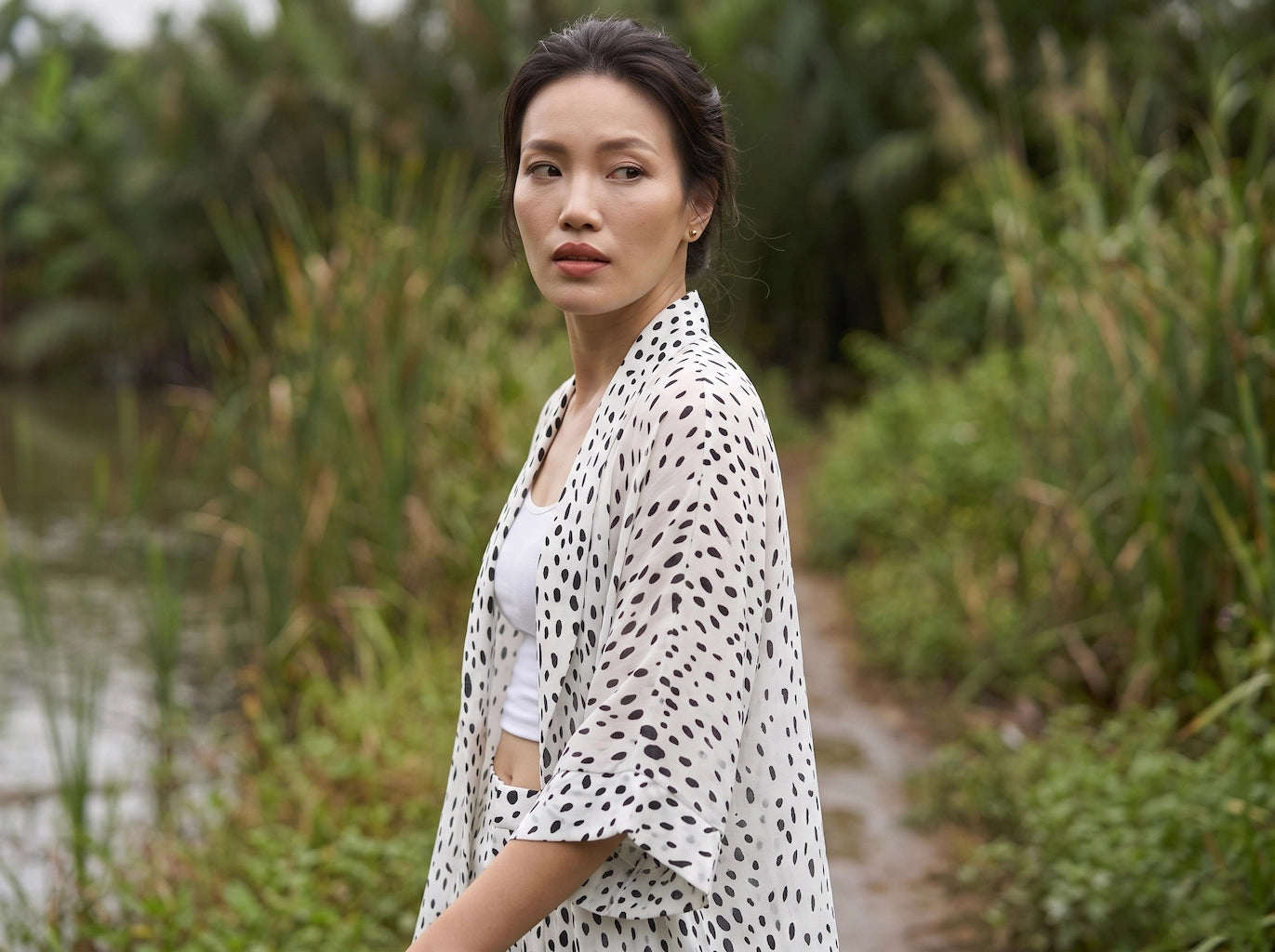Bộ áo khoác kimono phối quần chấm bi thời trang Hity