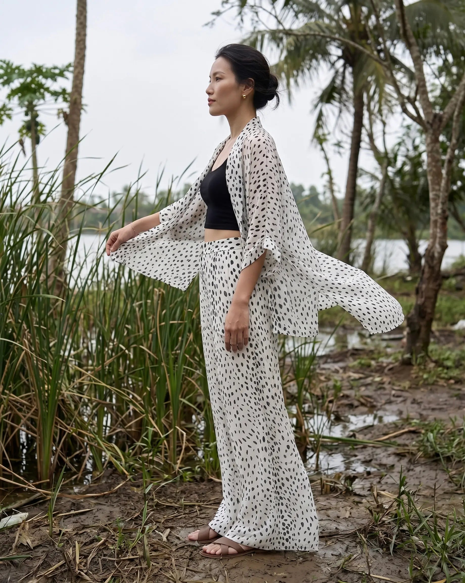 Bộ áo khoác kimono phối quần chấm bi thời trang Hity