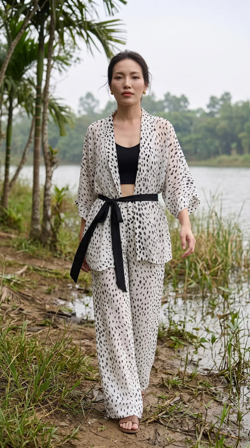 Bộ áo khoác kimono phối quần chấm bi thời trang Hity