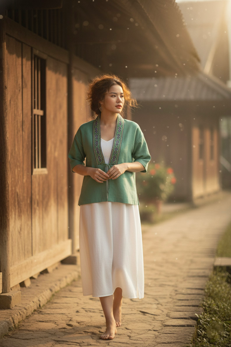 Áo khoác kimono linen phối thổ cẩm Hmong thời trang Hity