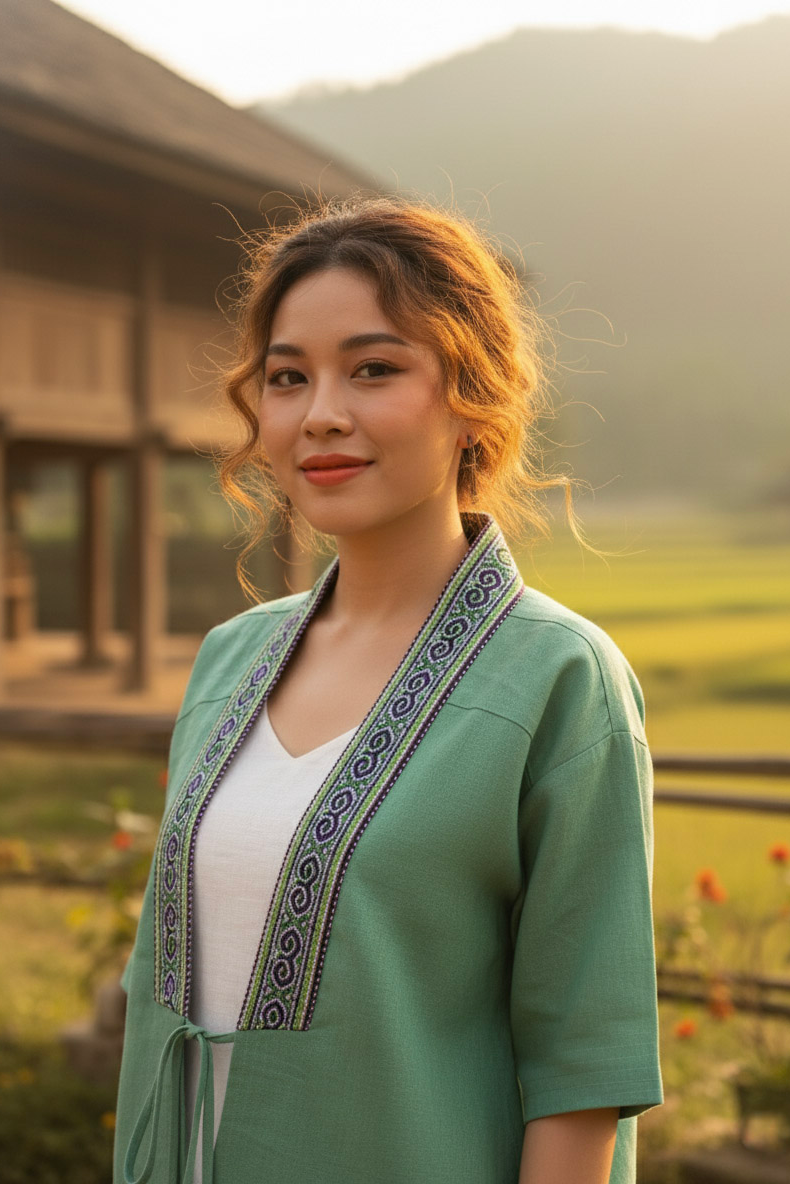 Áo khoác kimono linen phối thổ cẩm Hmong thời trang Hity