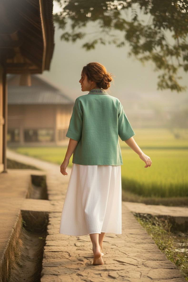 Áo khoác kimono linen phối thổ cẩm Hmong thời trang Hity