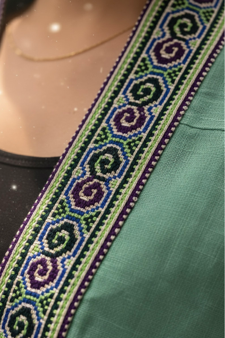 Áo khoác kimono linen phối thổ cẩm Hmong thời trang Hity