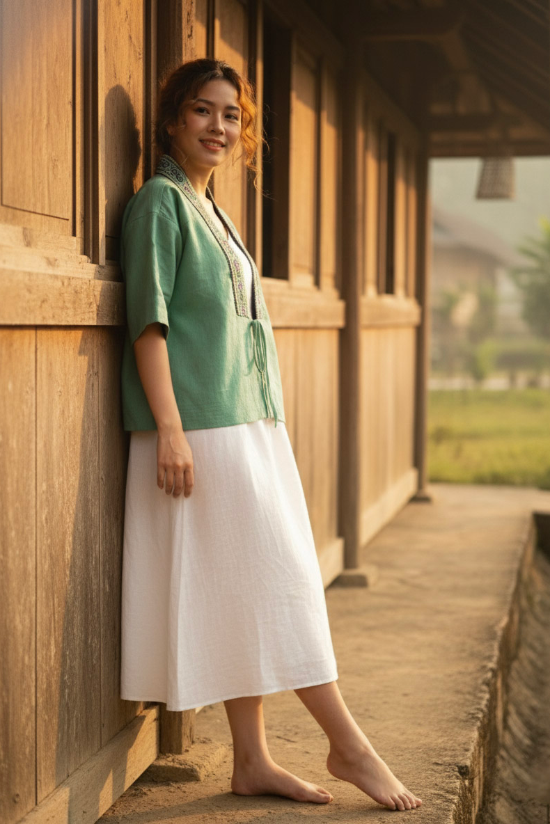 Áo khoác kimono linen phối thổ cẩm Hmong thời trang Hity