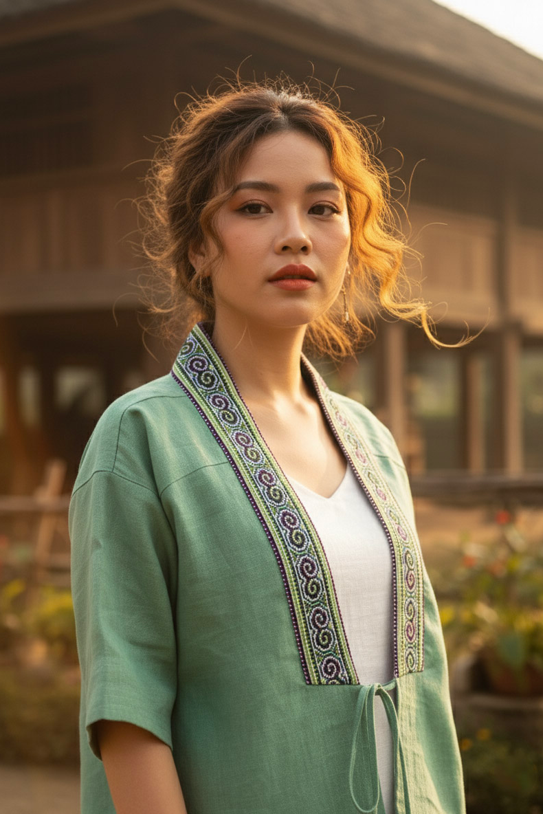Áo khoác kimono linen phối thổ cẩm Hmong thời trang Hity