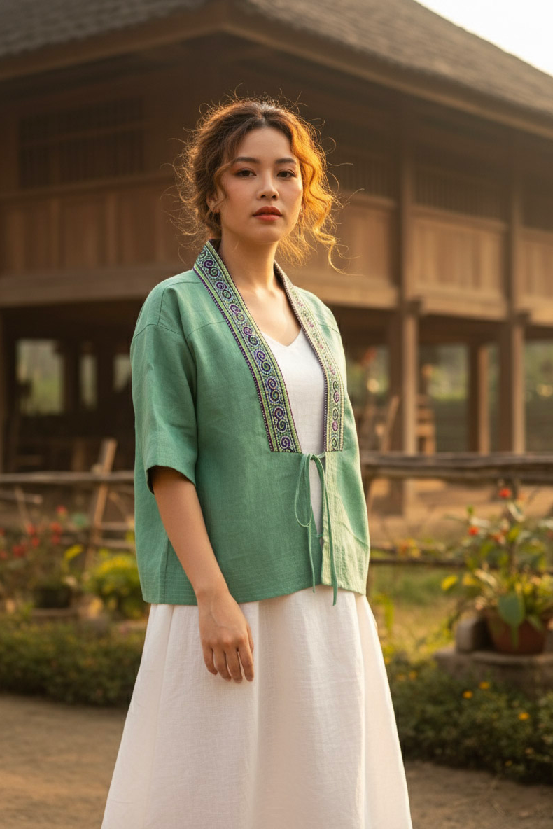 Áo khoác kimono linen phối thổ cẩm Hmong thời trang Hity