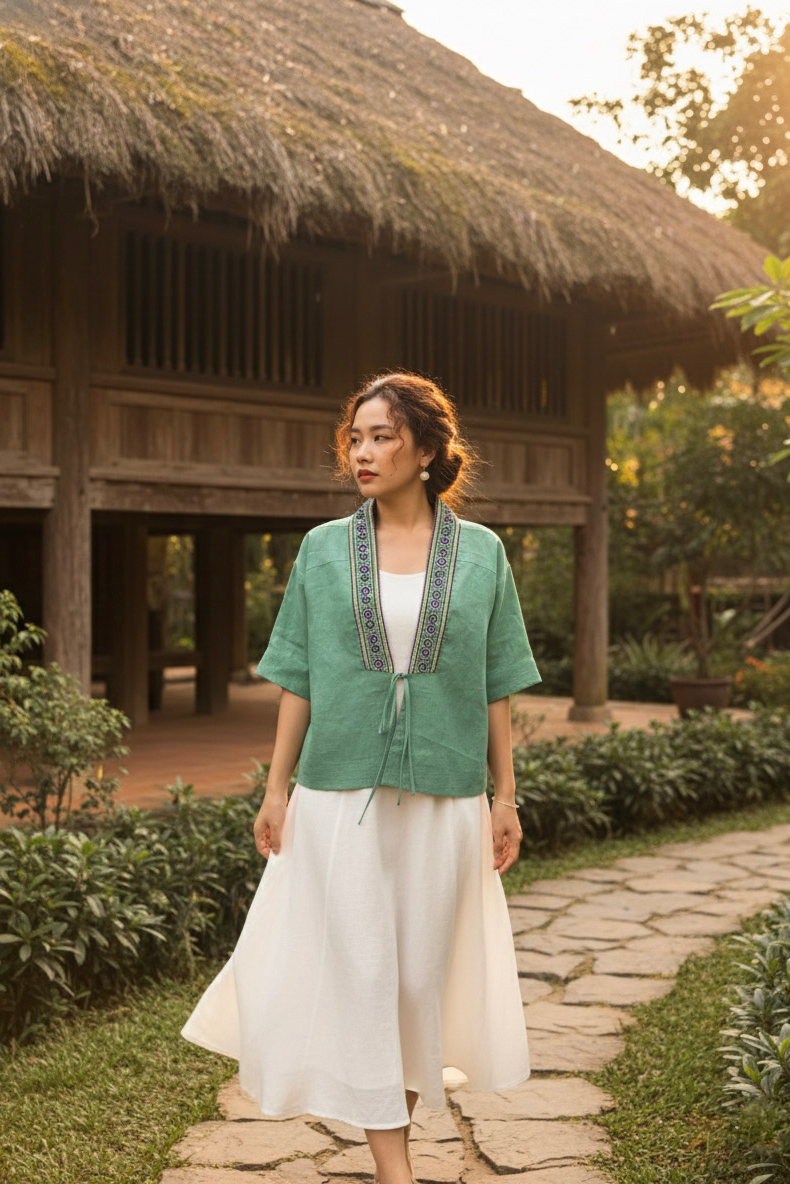 Áo khoác kimono linen phối thổ cẩm Hmong thời trang Hity