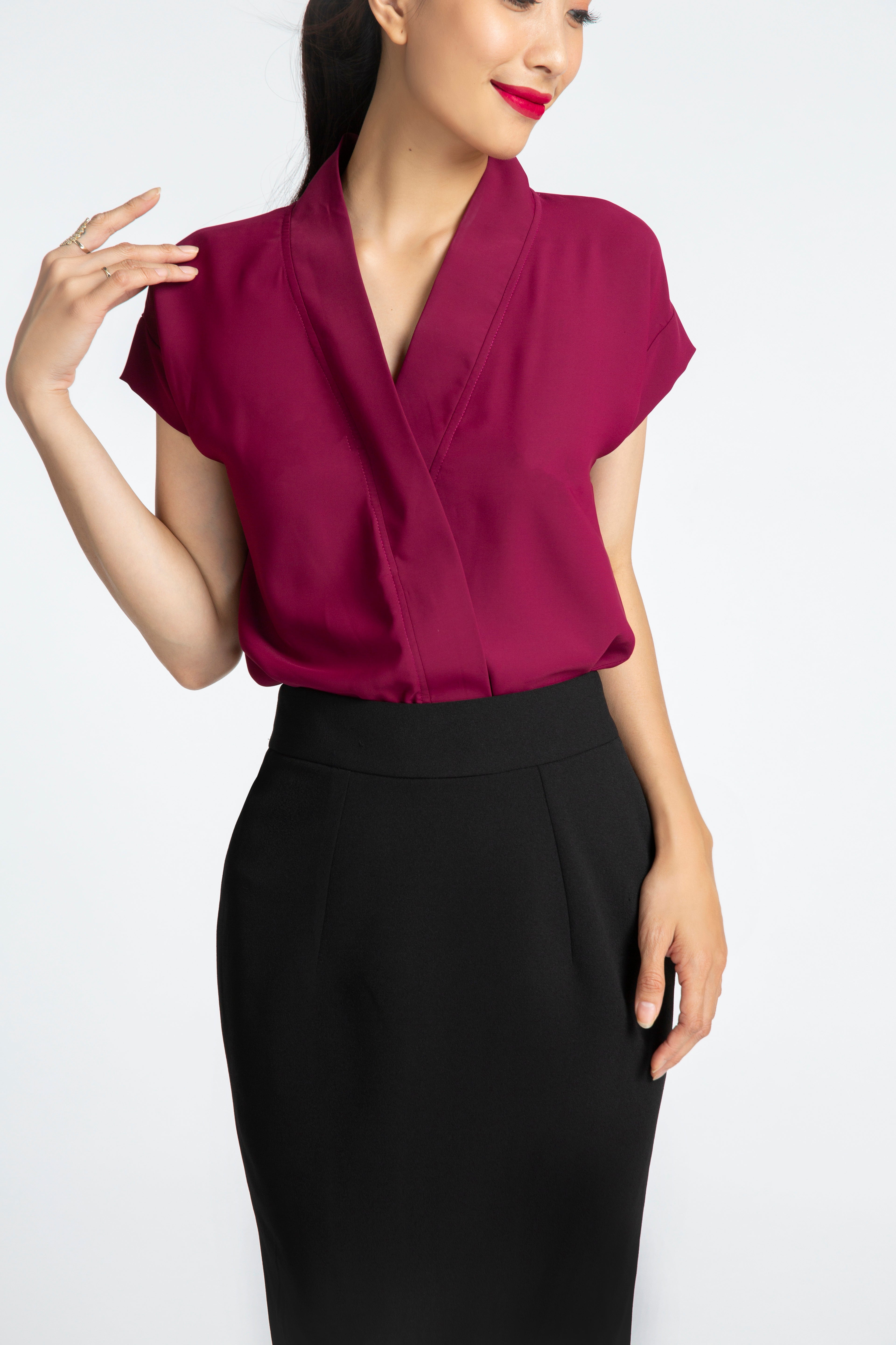 Áo kiểu cổ V đỏ mận thời trang Hity