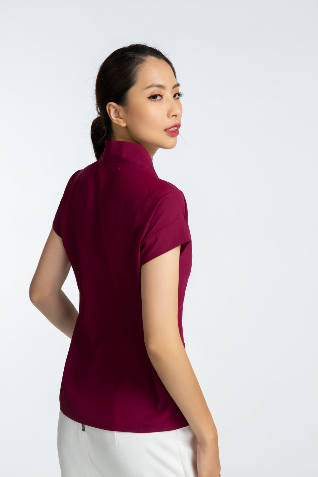 Áo kiểu cổ V đỏ mận thời trang Hity