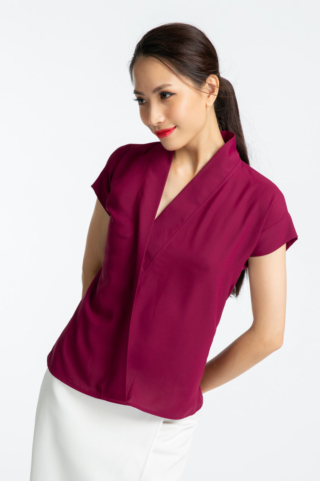 Áo kiểu cổ V đỏ mận thời trang Hity