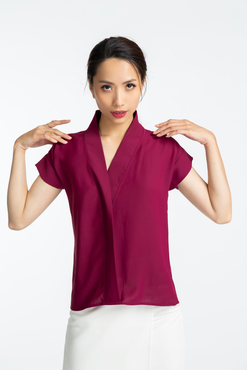 Áo kiểu cổ V đỏ mận thời trang Hity