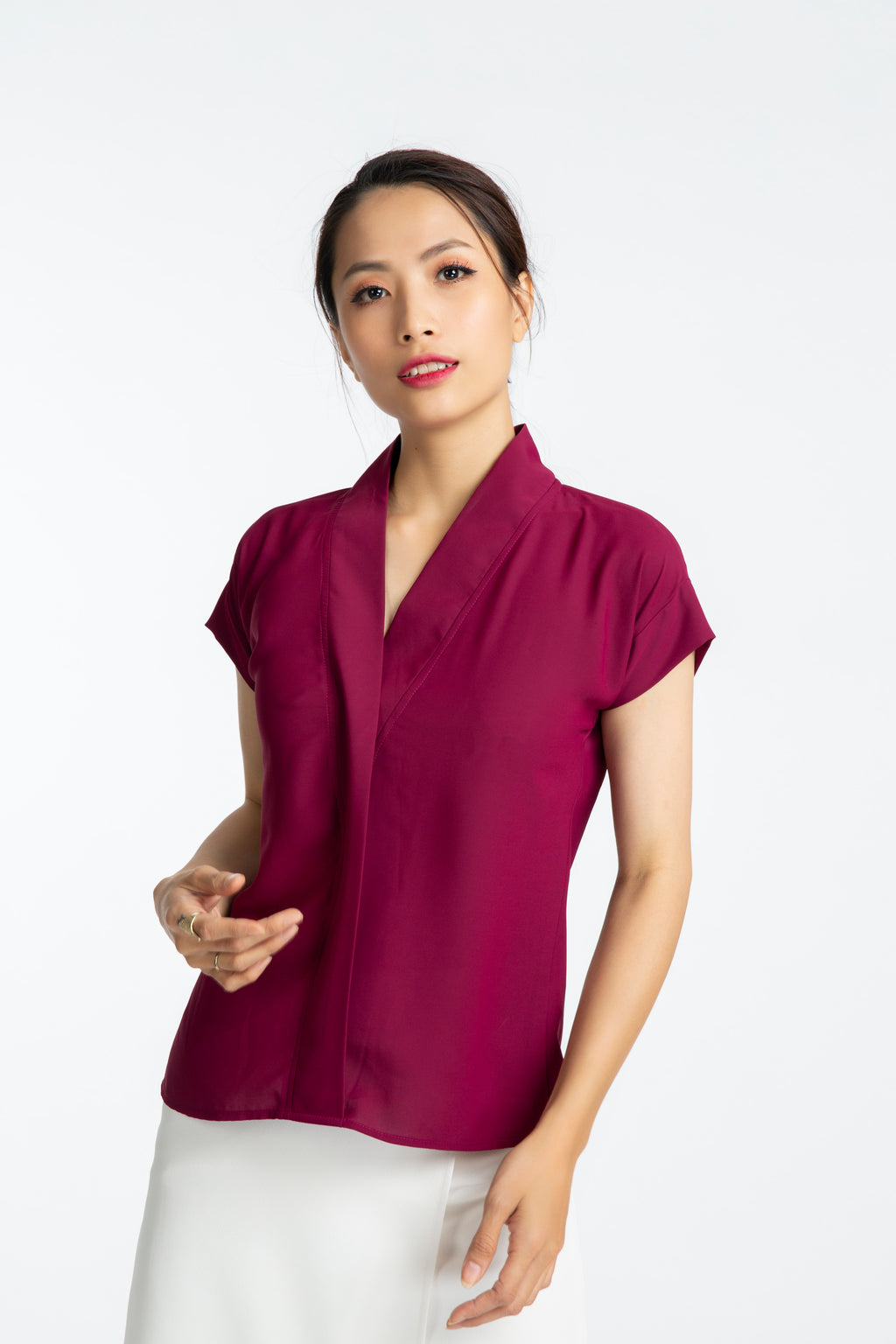 Áo kiểu cổ V đỏ mận thời trang Hity