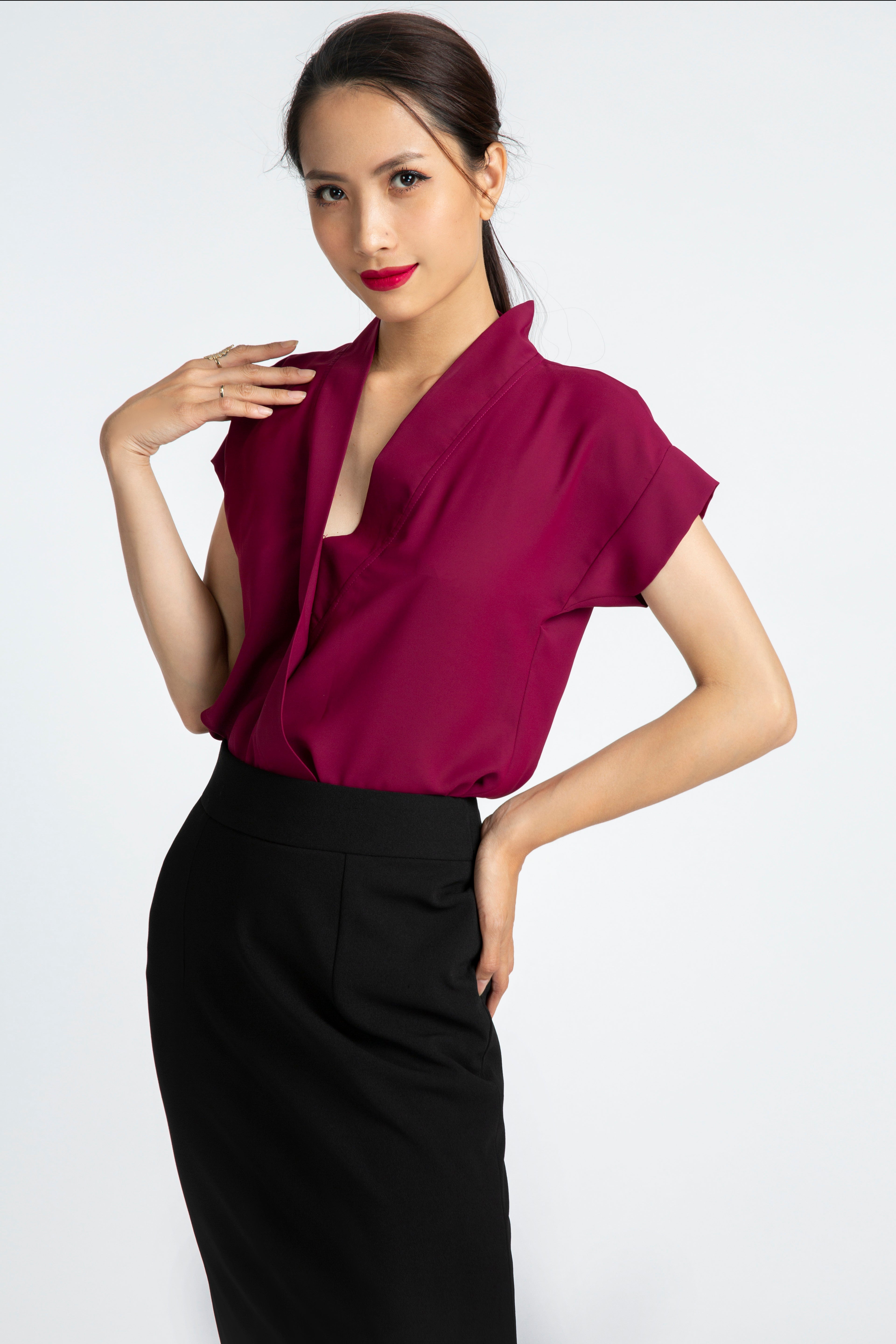 Áo kiểu cổ V đỏ mận thời trang Hity