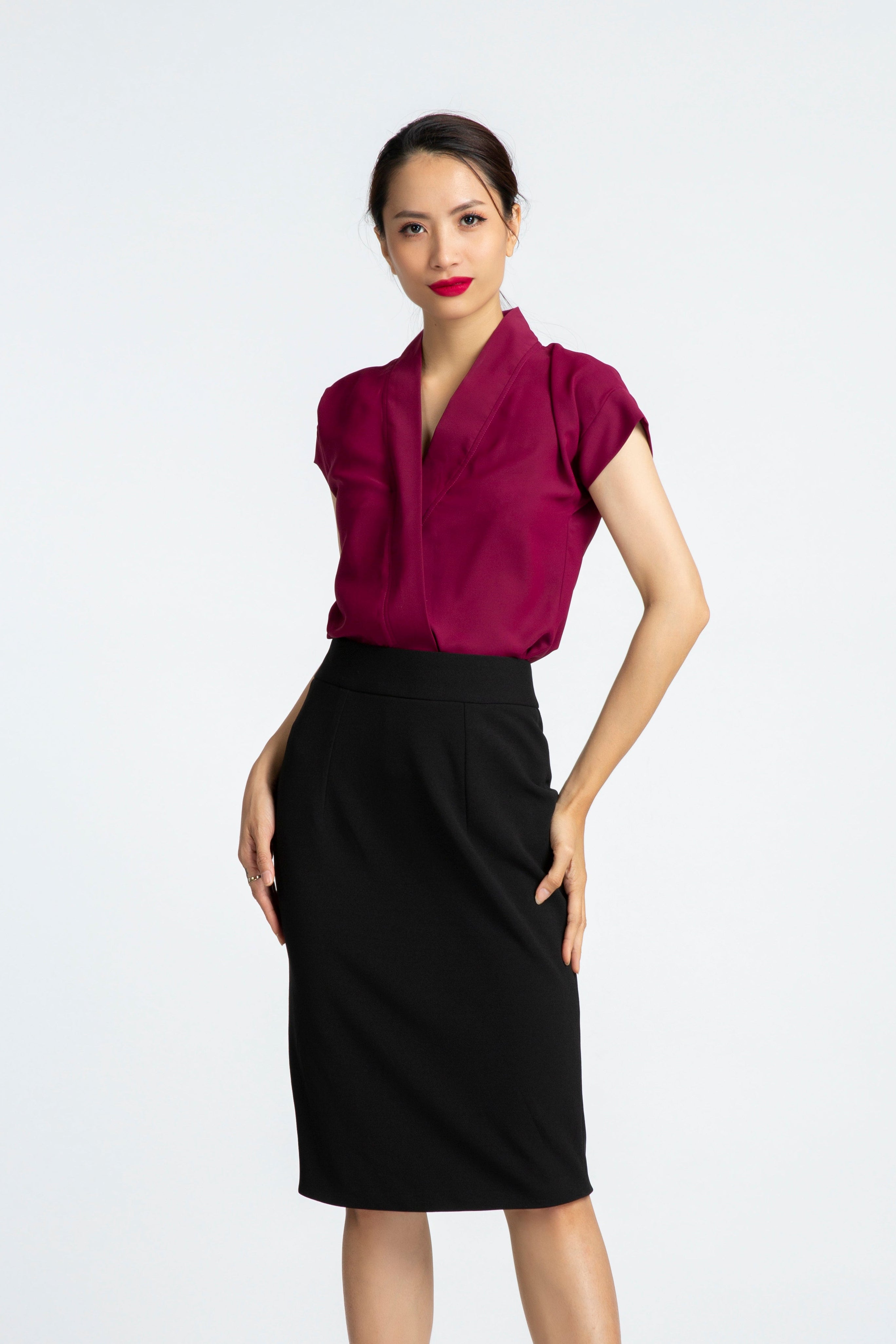 Áo kiểu cổ V đỏ mận thời trang Hity