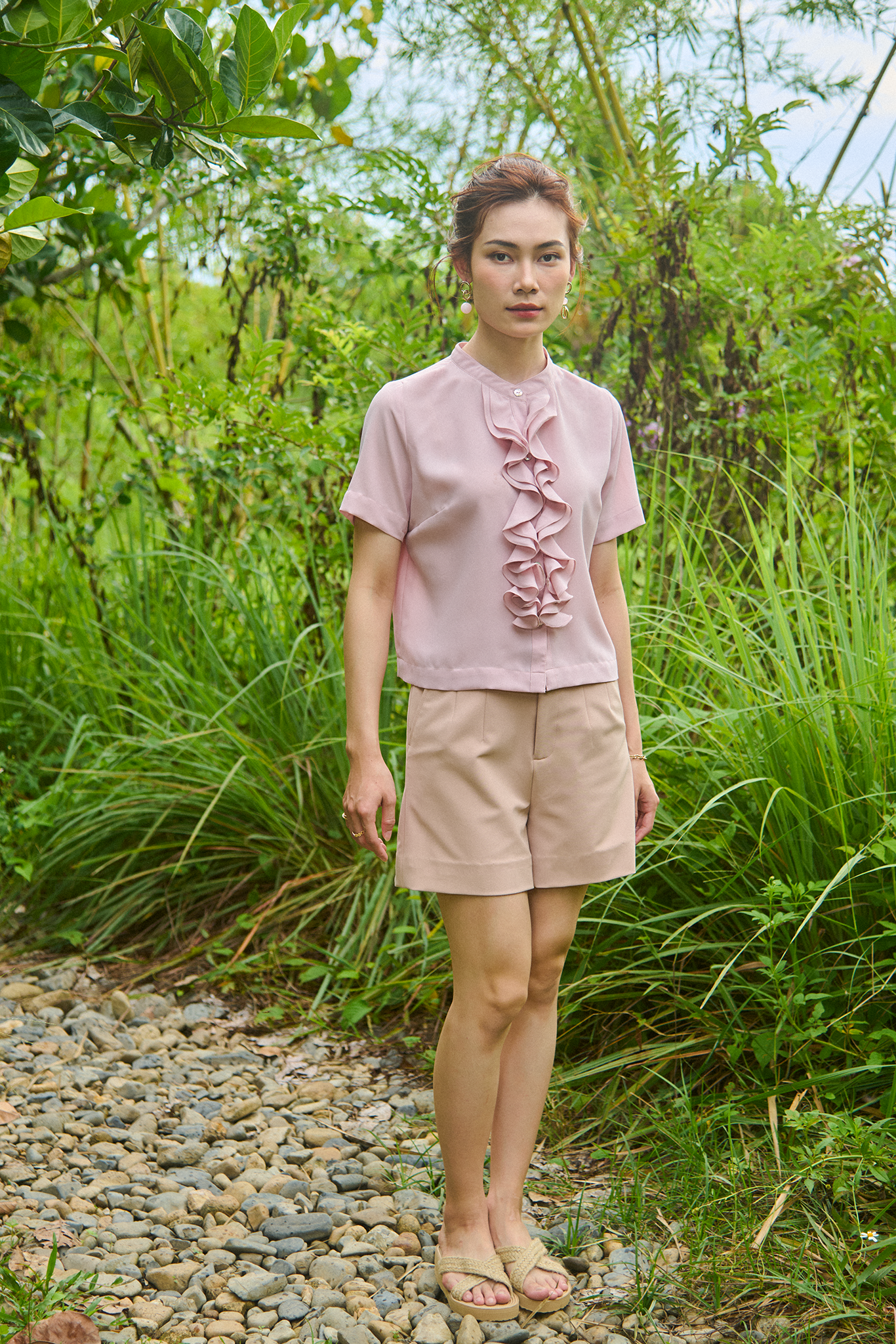 Áo sơ mi nữ tay ngắn phối bèo nhún pastel Thời trang Hity