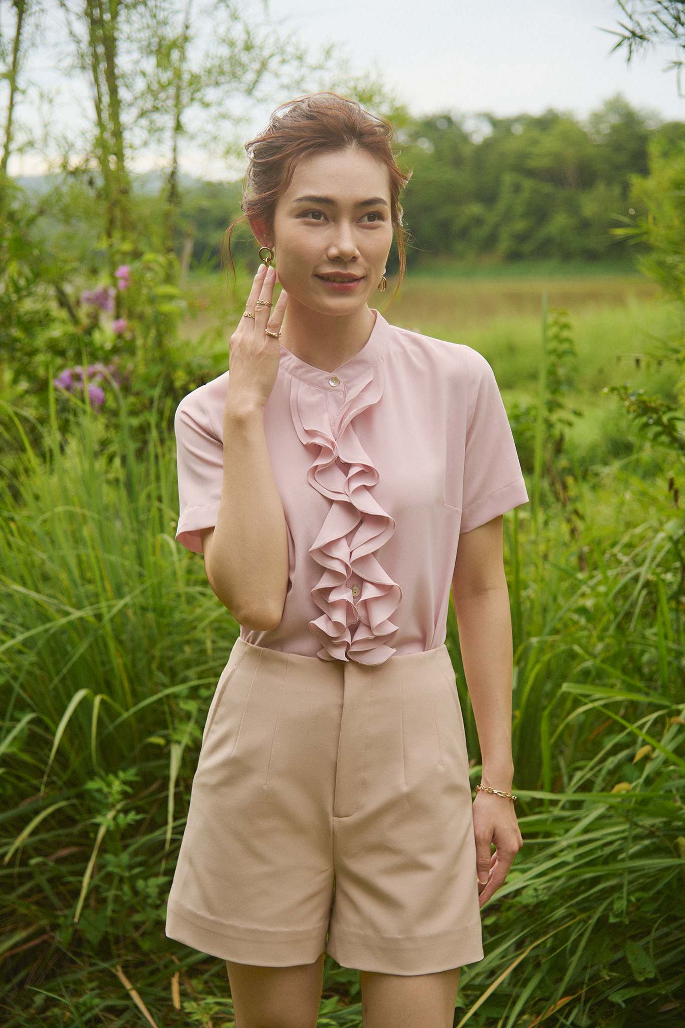 Áo sơ mi nữ tay ngắn phối bèo nhún pastel Thời trang Hity