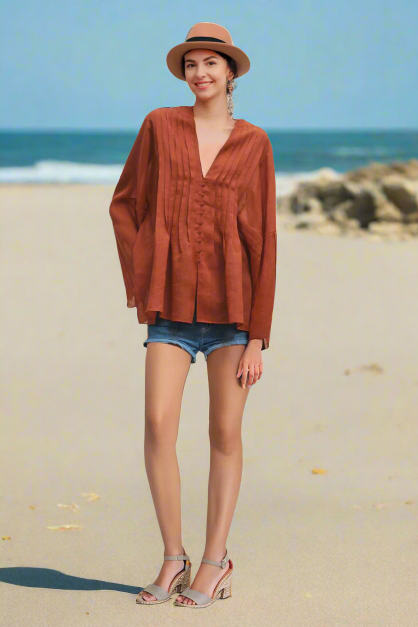 Áo kiểu xếp ly linen cam đất thời trang Hity