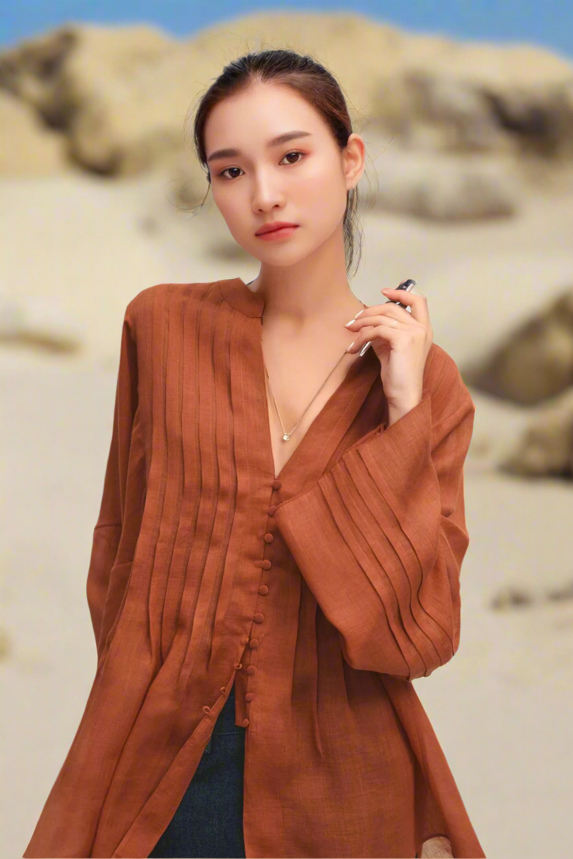 Áo kiểu xếp ly linen cam đất thời trang Hity