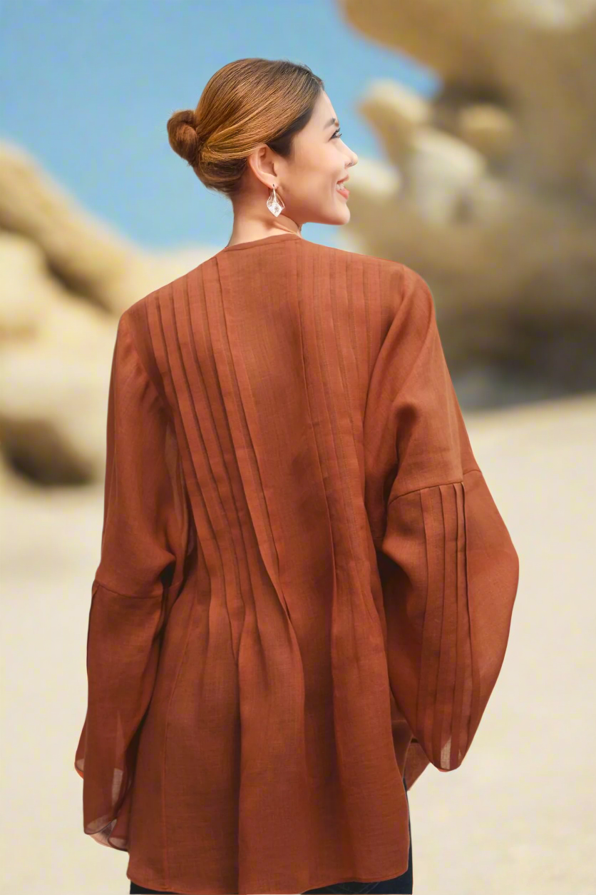 Áo kiểu xếp ly linen cam đất thời trang Hity