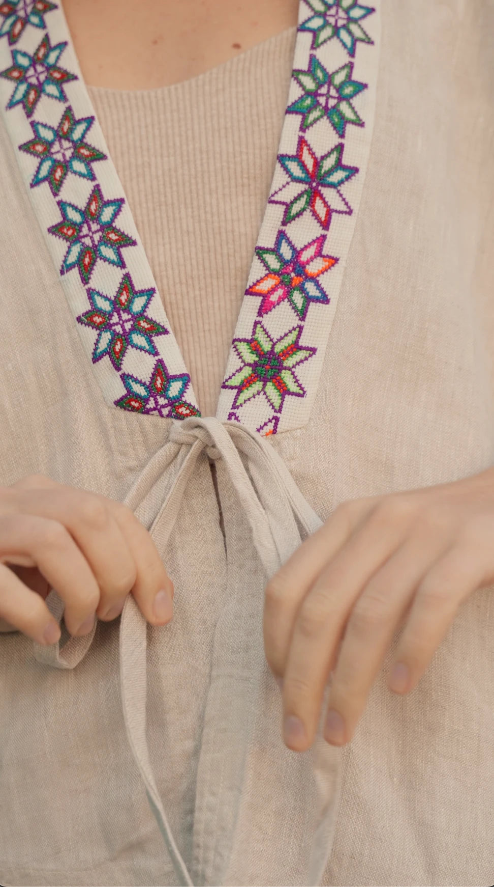 Áo khoác kimono linen phối thổ cẩm thời trang Hity