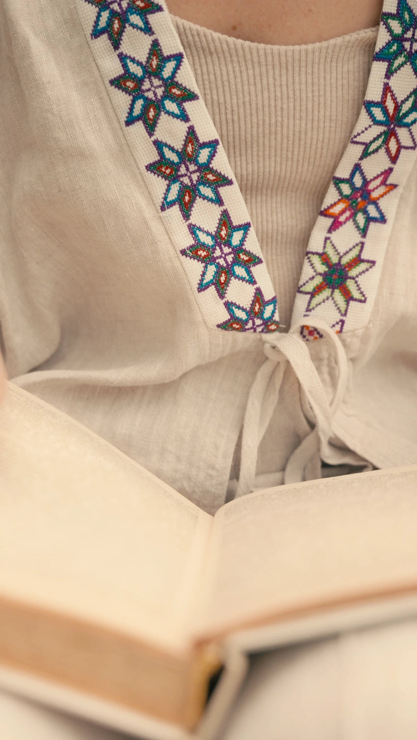Áo khoác kimono linen phối thổ cẩm thời trang Hity