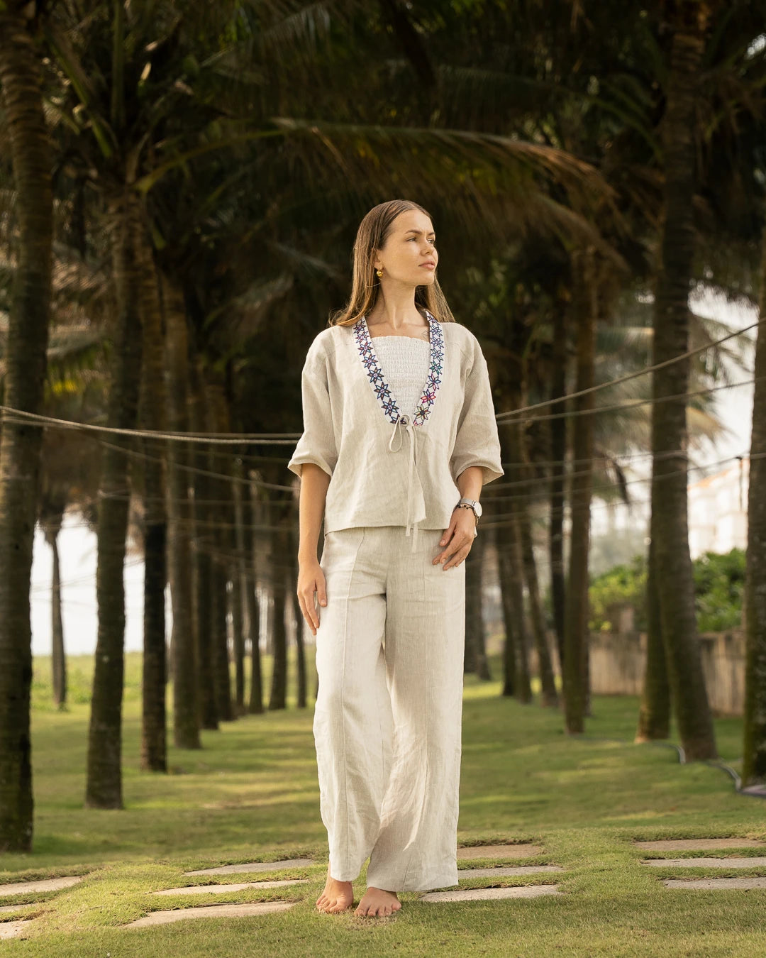 Áo khoác kimono linen phối thổ cẩm thời trang Hity