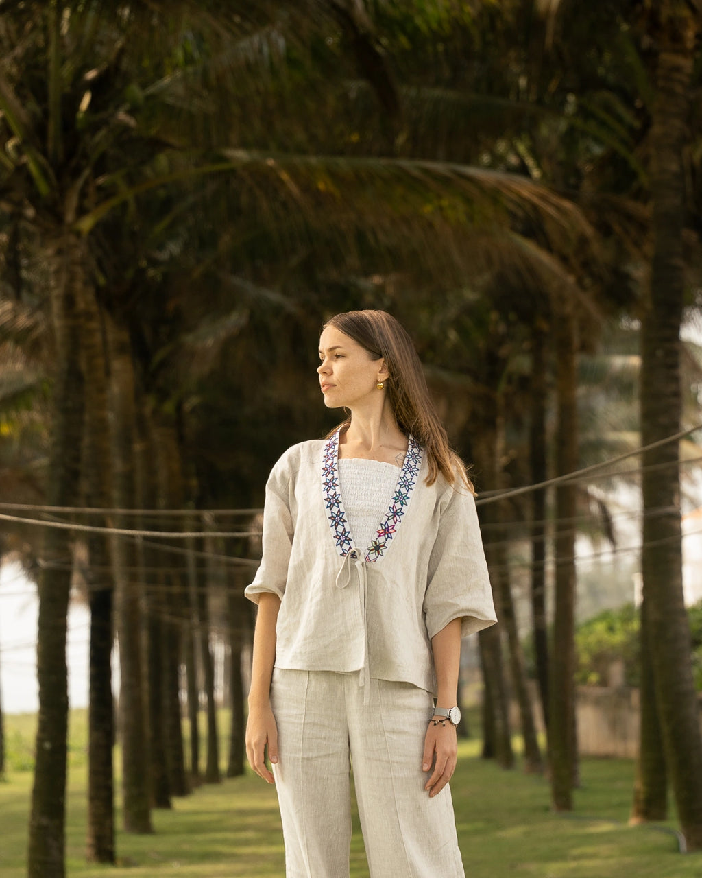 Áo khoác kimono linen phối thổ cẩm thời trang Hity