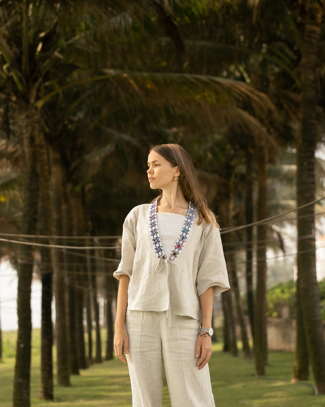 Áo khoác kimono linen phối thổ cẩm thời trang Hity