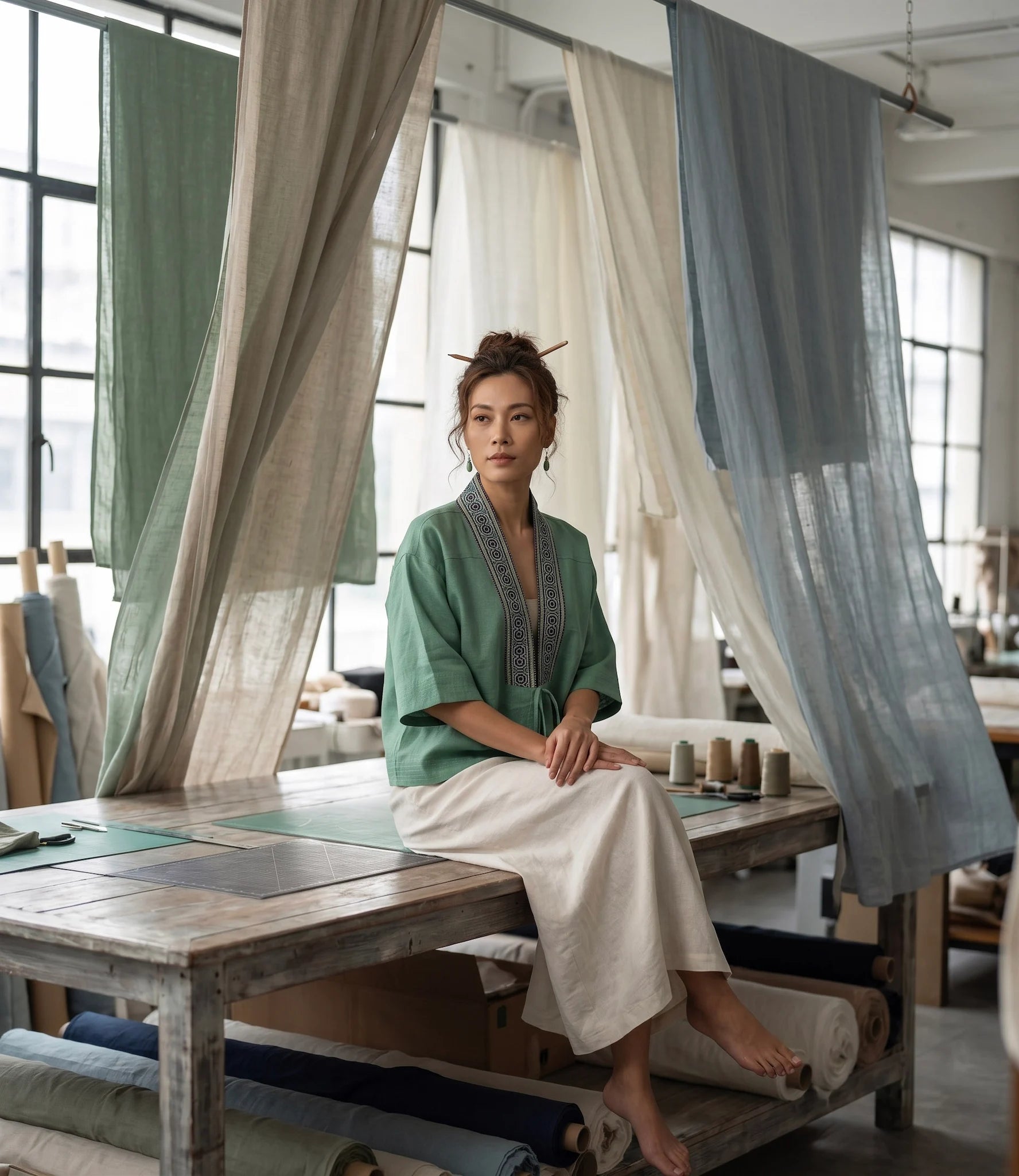 Áo khoác kimono xanh phối thổ cẩm thời trang Hity