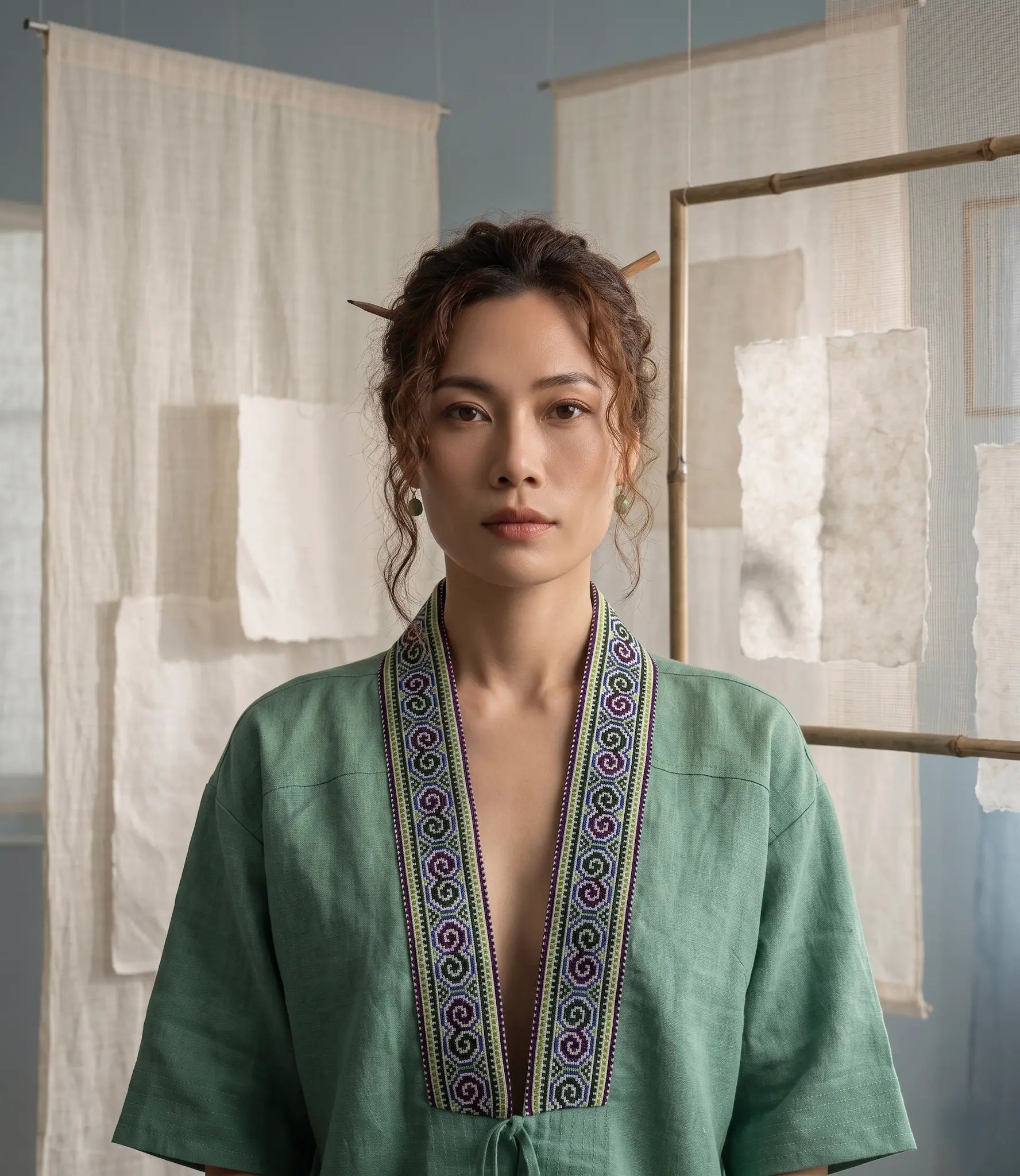 Áo khoác kimono xanh phối thổ cẩm thời trang Hity