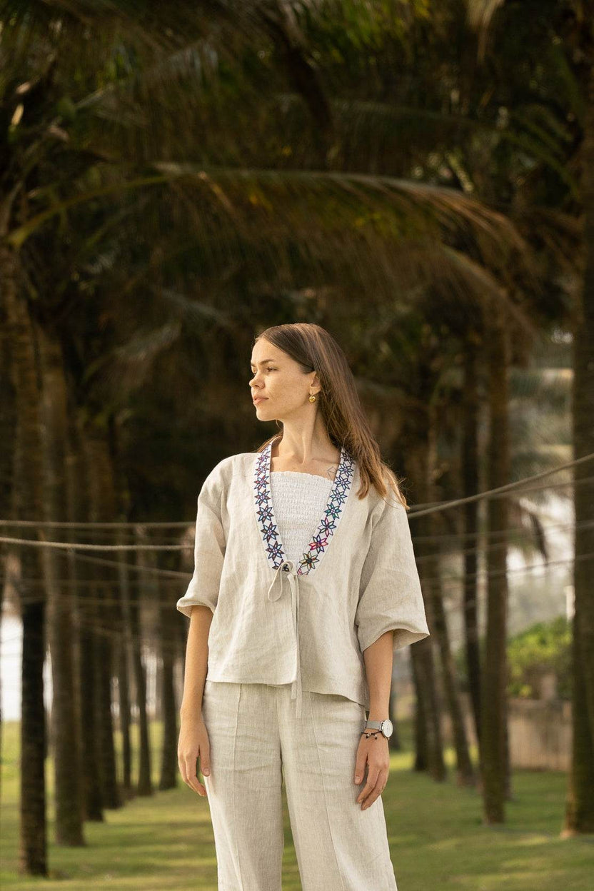 Áo Khoác Kimono Linen Phối Thổ Cẩm Lanh - Hity