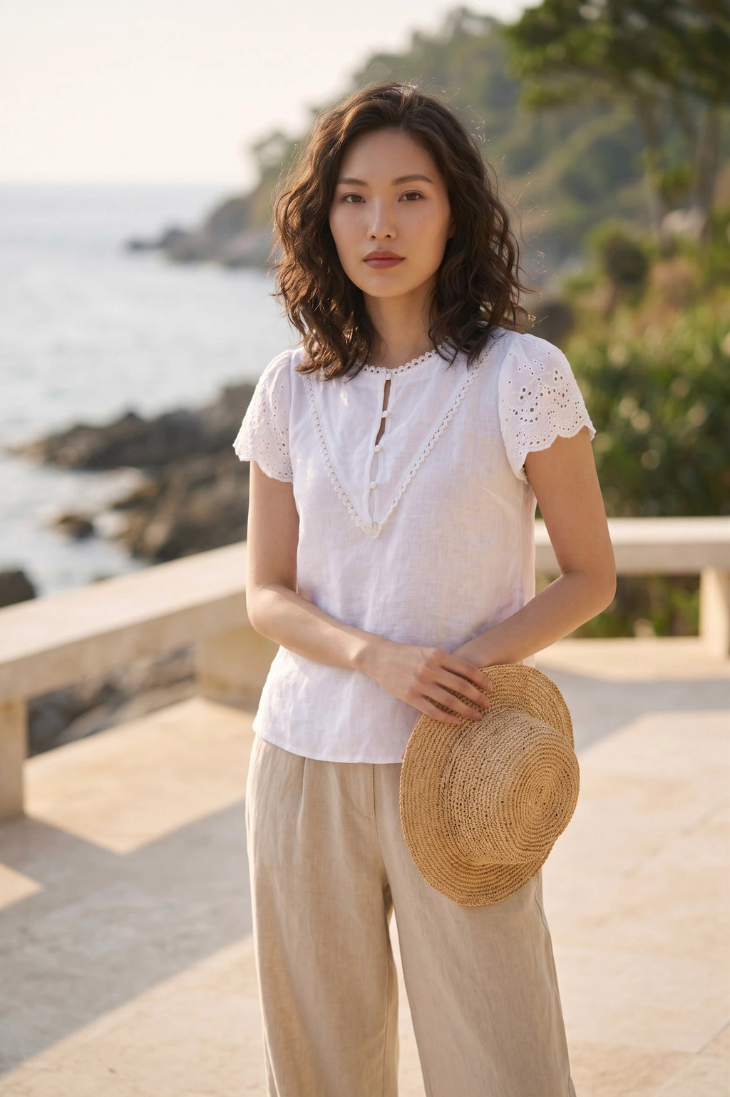 Áo linen trắng phối ren thời trang Hity