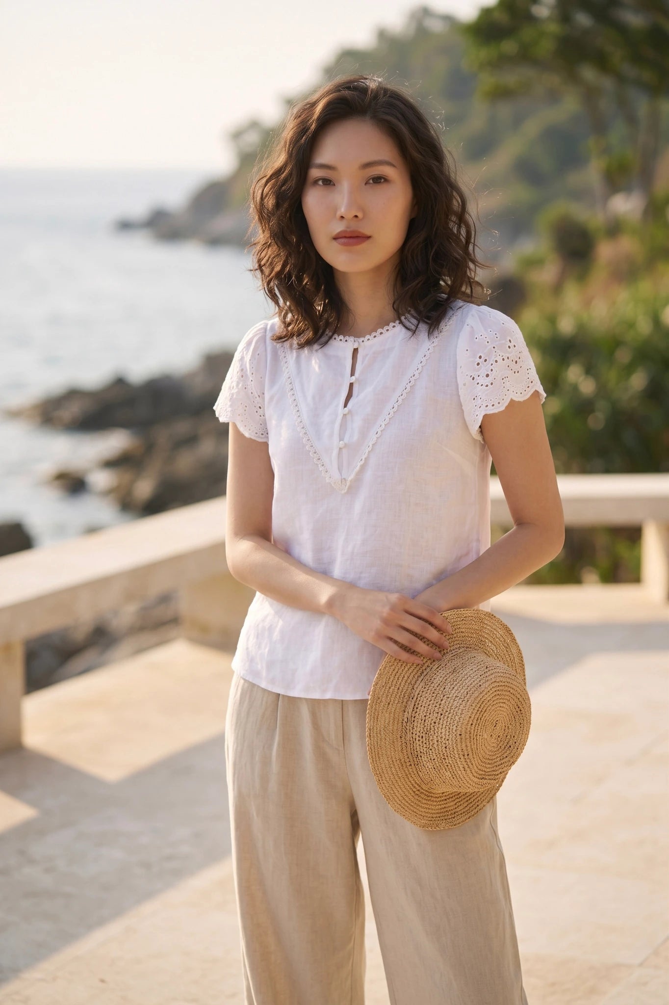 Áo linen trắng phối ren thời trang Hity